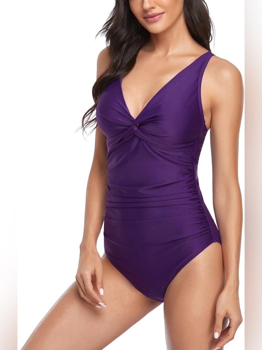 Purple Women's Twist-Front One-Piece Swimsuit Tummy Control. Ruched Push Up